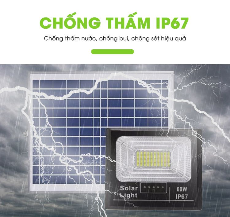 Đèn Năng Lượng Mặt Trời 60W IP67, Sáng 12 Giờ Liên Tục