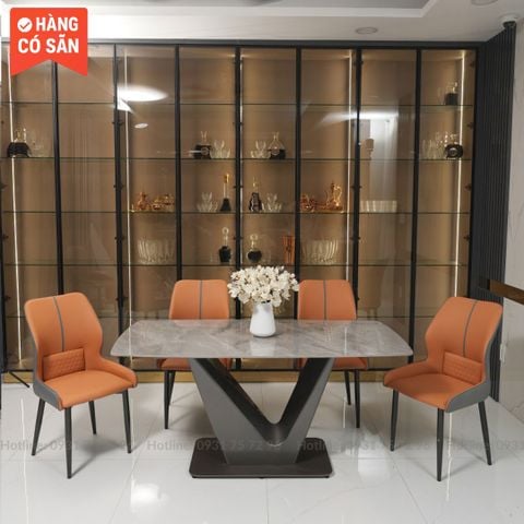  Bộ Bàn Ăn Mặt Đá Ceramic Chân Inox Kèm 4-6 Ghế Veno SKDS32 