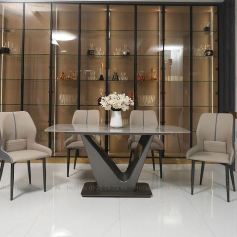  Bộ Bàn Ăn Mặt Đá Ceramic Chân Inox Kèm 4-6 Ghế Veno SKDS32 