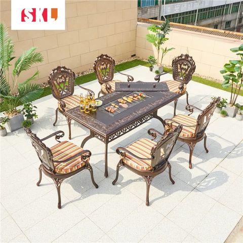  Bàn Tiệc Sân Vườn Nhôm Đúc Có Bếp Than SKT16 