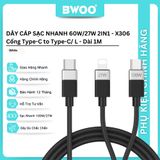  Dây cáp sạc nhanh Bwoo 2in1 PD100W/27W | Type-C to Type-C/ Lightning | Dây dù | Dài 1M - X306 