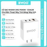  Củ sạc nhanh Bwoo 40W | 2Type-C x 1USB-A | Chuôi cắm US - CDA139 