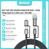  Dây cáp sạc nhanh Bwoo 4in1 60W/27W | 2Type-C x 1Lightning x Đèn Led | Dây dù | Dài 1M2 - X308 