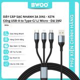  Dây cáp sạc nhanh Bwoo 3in1 3A | USB to Type-C x Lightning x Micro | Dây Dù | Dài 1M2 - X274 