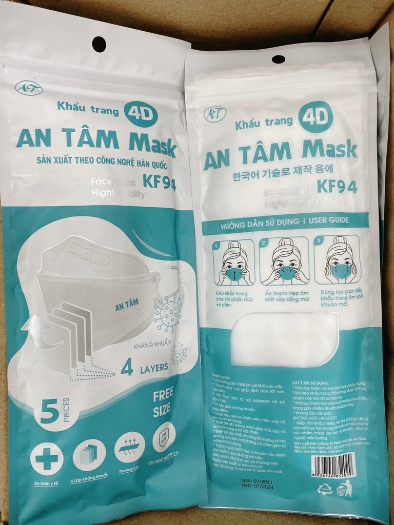 Set 3 Gói Khẩu Trang 4D An Tâm Mask KF94 Gói 5 Cái 4 Lớp - 210821KTAT