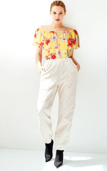  Áo SN  Rủ Vai Phối Họa Tiết-TPSRFLJ323 