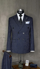 Suit Xanh Sọc Tối 2 Hàng Khuy