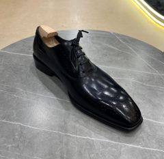 Giày Oxford Brogue Đen Da Bò Ý