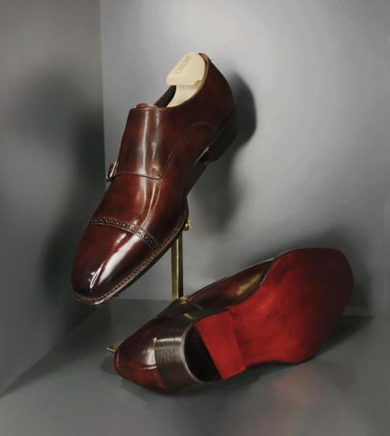 Giày Double Monk Strap Nâu Da Bò Ý Đế Đỏ