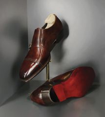 Giày Double Monk Strap Nâu Da Bò Ý Đế Đỏ