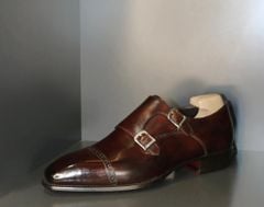 Giày Double Monk Strap Nâu Da Bò Ý Đế Đỏ