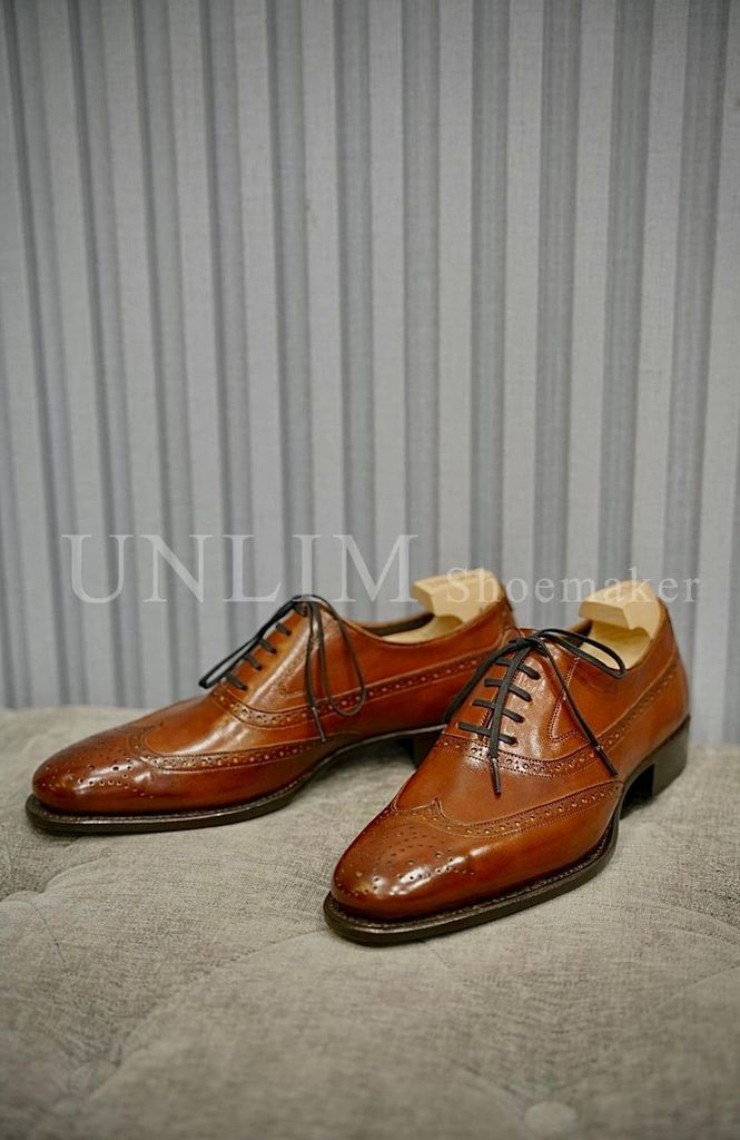 Giày Oxford Brogue Nâu Da Bò Ý