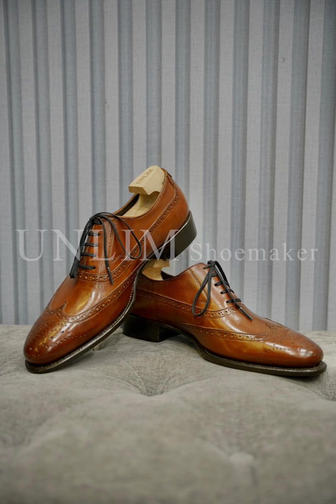 Giày Oxford Brogue Nâu Da Bò Ý