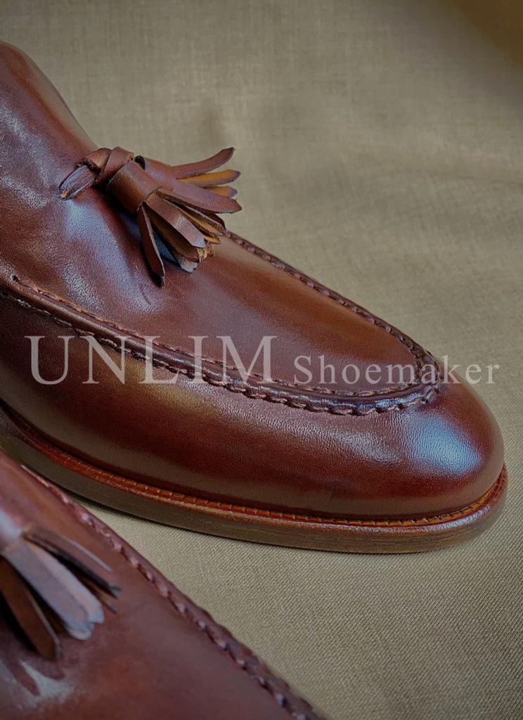 Giày Tassel Loafer Nâu Da Bò Ý