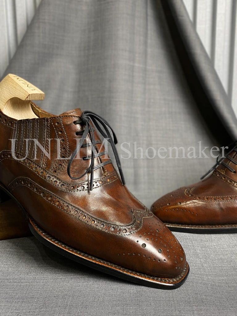 Giày Oxford Brogue Nâu Da Bò Ý
