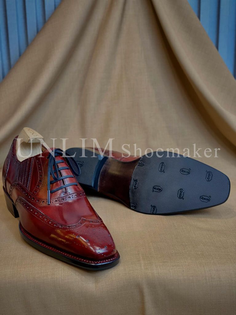 Giày Oxford Brogue Đỏ Rượu Vang Da Bò Ý