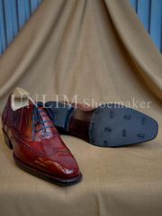 Giày Oxford Brogue Đỏ Rượu Vang Da Bò Ý