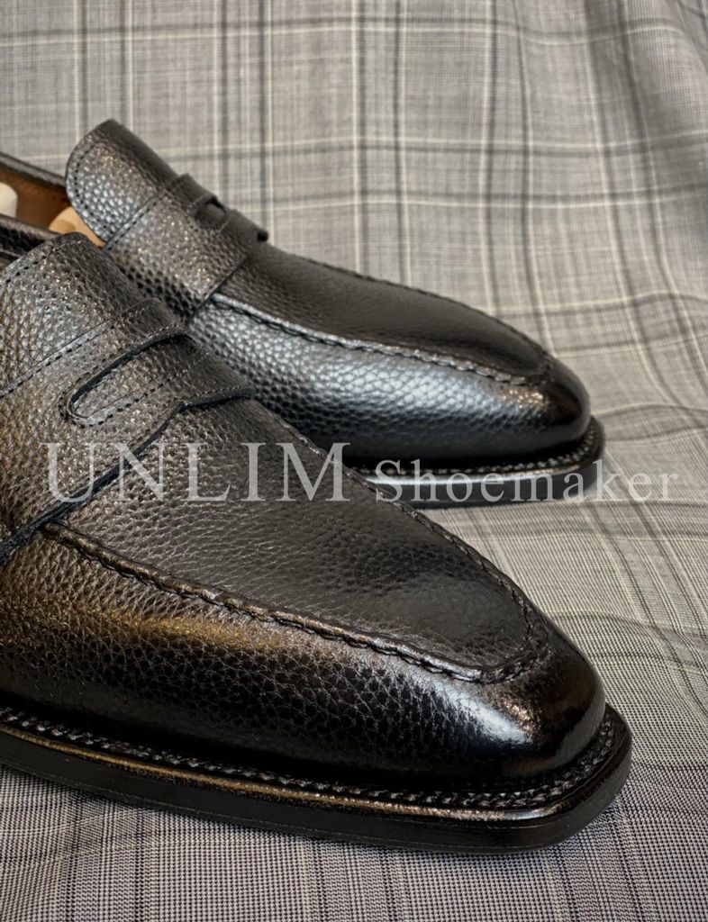 Giày Penny Loafer Đen Da Bò Ý Đế Da