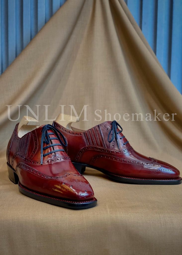 Giày Oxford Brogue Đỏ Rượu Vang Da Bò Ý