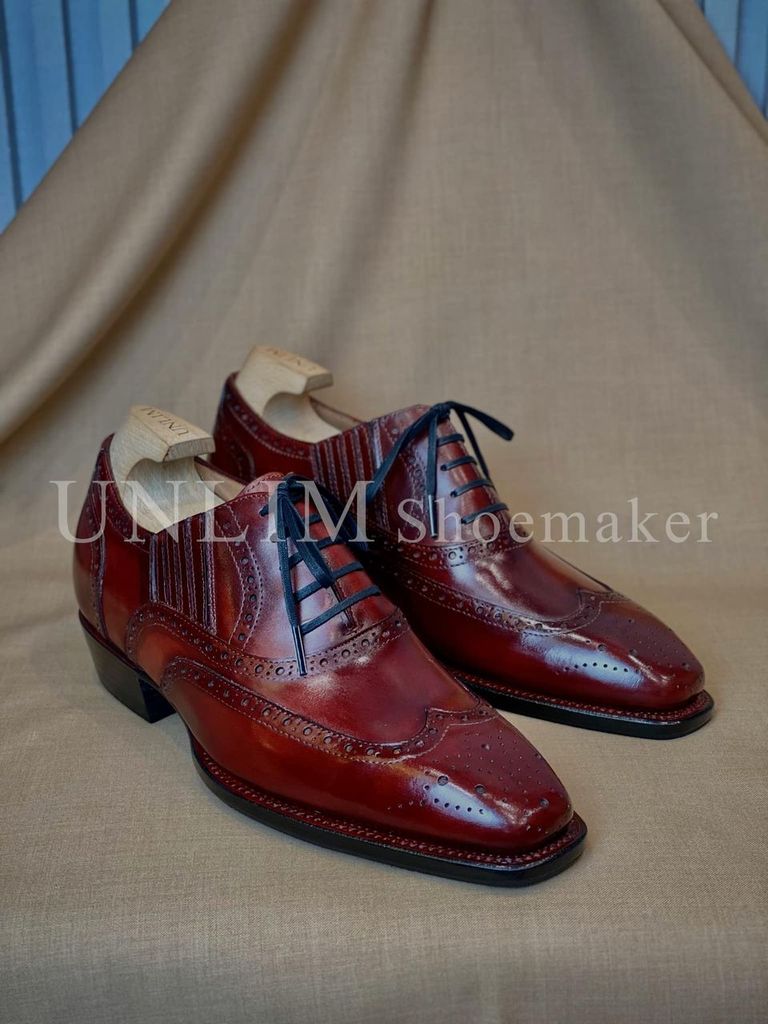 Giày Oxford Brogue Đỏ Rượu Vang Da Bò Ý