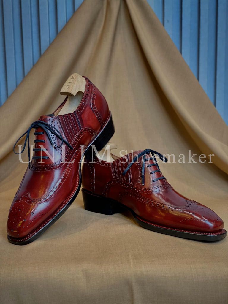 Giày Oxford Brogue Đỏ Rượu Vang Da Bò Ý