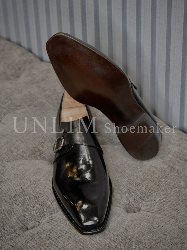 Giày Single Monkstrap Đen Da Bò Ý