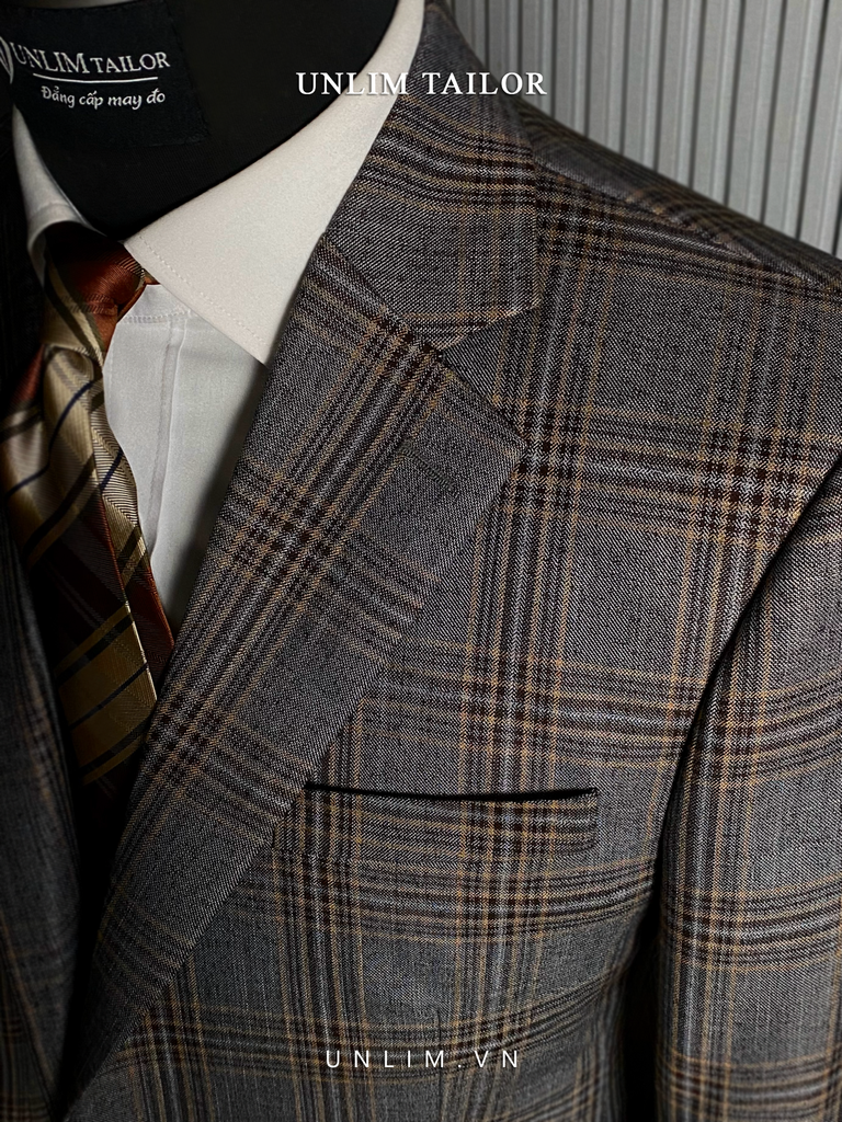 Suit Kẻ Ô Cổ K Sọc Cam