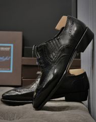 Giày Oxford Brogue Đen Da Bò Ý Đế Xanh