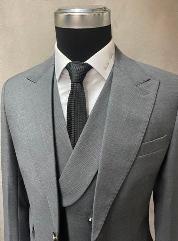Suit 3 Mảnh Xám Cổ Nhọn