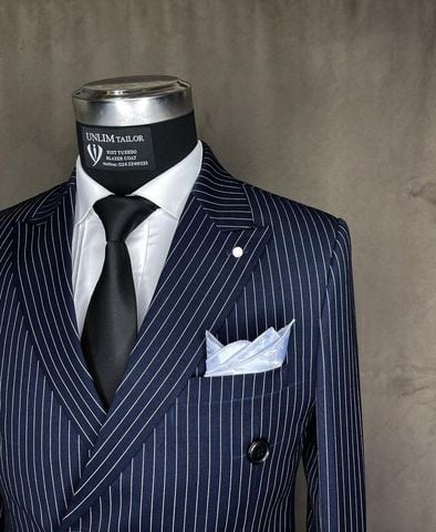 Suit Xanh Sọc Tối 2 Hàng Khuy
