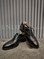 Giày Oxford Wingtip Đen Da Bò Ý Đế Nâu