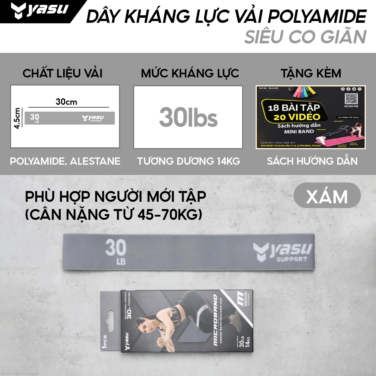Dây kháng lực vải bản nhỏ miniband YASU 3609 chất liệu co dãn Polyamide,  Alestane