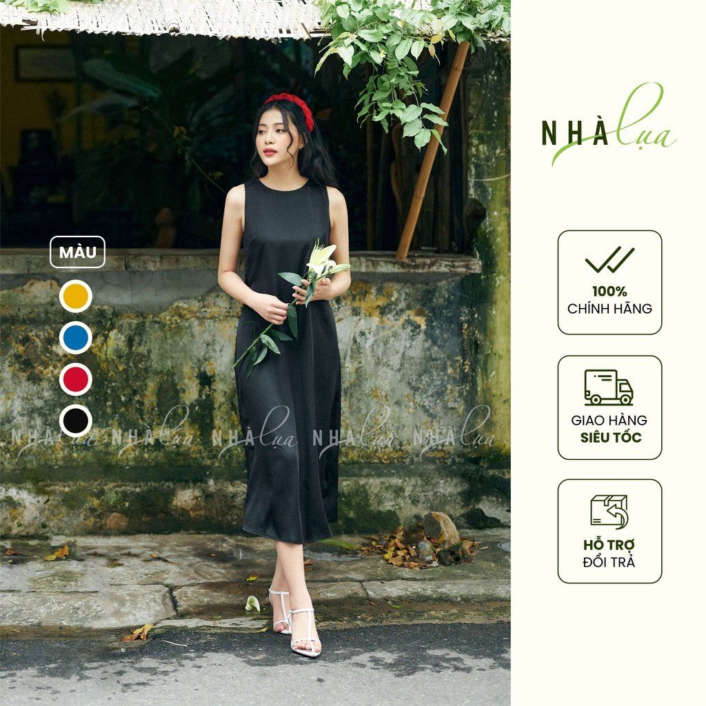 Đầm suông sát nách cổ trụ phối nơ họa tiết tròn bi sóng kẻ  Váy Đầm