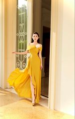 V1063 - Váy đầm thiết kế trể vai , bèo lượn thân dưới