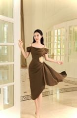 V1066 - Váy đầm thiết kế  trể vai , xếp cổ đổ , xếp li