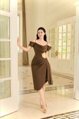 V1066 - Váy đầm thiết kế  trể vai , xếp cổ đổ , xếp li