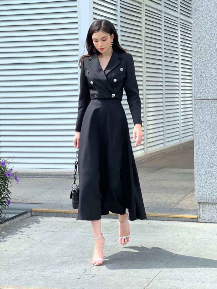 Set đồ nữ áo croptop cổ vest kết hợp chân váy xếp ly 6 màu trẻ trung   lacoba
