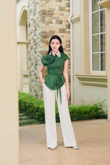SM1074 - Áo sơ mi cổ ren tay liền thiết kế, hoa Draping đắp nỗi