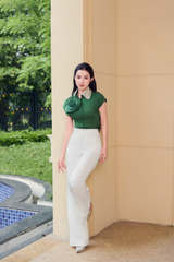 SM1074 - Áo sơ mi cổ ren tay liền thiết kế, hoa Draping đắp nỗi
