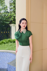 SM1074 - Áo sơ mi cổ ren tay liền thiết kế, hoa Draping đắp nỗi