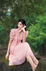 V1076 - Váy đầm thiết kế cổ tim vắt, dáng xoè tay cộc bồng