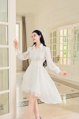 V1075 - Váy đầm thết kế cổ đức,  tay bồng dài, xoè 3 tầng lệch