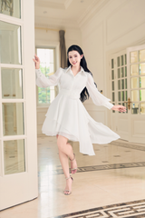 V1075 - Váy đầm thết kế cổ đức,  tay bồng dài, xoè 3 tầng lệch