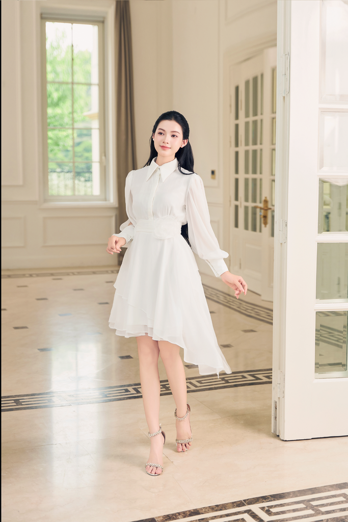 V1075 - Váy đầm thết kế cổ đức,  tay bồng dài, xoè 3 tầng lệch