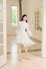 V1075 - Váy đầm thết kế cổ đức,  tay bồng dài, xoè 3 tầng lệch