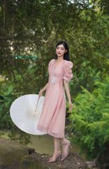 V1076 - Váy đầm thiết kế cổ tim vắt, dáng xoè tay cộc bồng