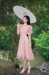 V1076 - Váy đầm thiết kế cổ tim vắt, dáng xoè tay cộc bồng