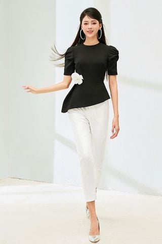 A898 - Áo peplum tay phồng thiết kế bất đối xứng xếp ly hông, tay áo xoắn ôm, cổ tròn - BELY