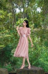 V1076 - Váy đầm thiết kế cổ tim vắt, dáng xoè tay cộc bồng