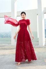 ĐẦM REN DÀI CHIẾT EO, CỔ CHỮ U PHỐI TÀ VOAN V1095